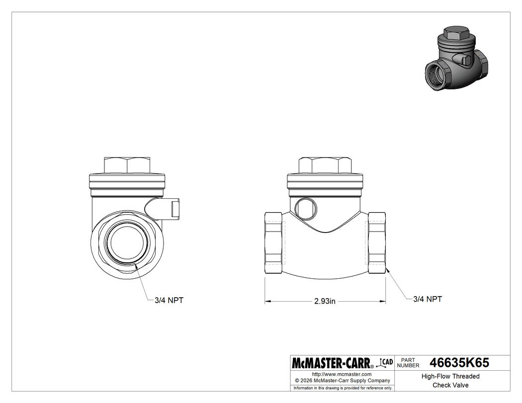 Technical Drawing of High-Flow Threaded Check Valve, 316 Stainless Steel Body, 3/4 NPT Female.
